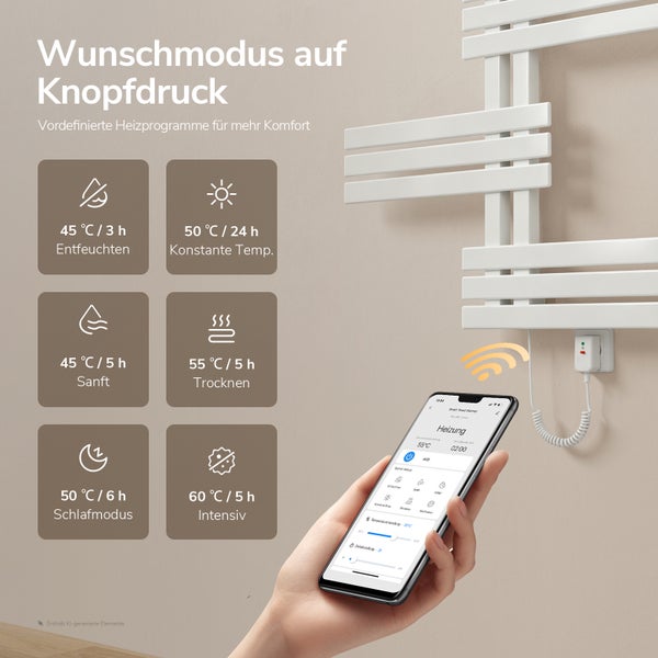 Handtuchheizkörper mit App-Steuerung und verschiedenen Heizprogrammen wie Entfeuchten oder Trocknen via Smartphone bedienbar.