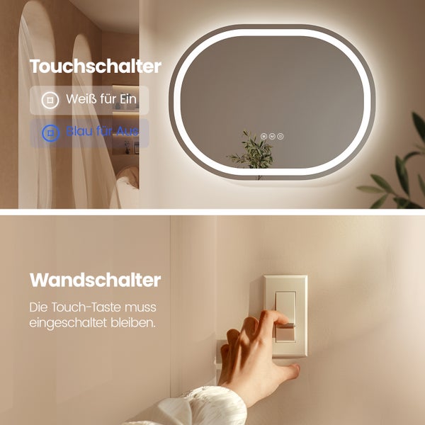 EMKE Badezimmerspiegel mit Beleuchtung 600x800 mm – Oval, Dimmbar, Antibeschlag, Stromausfall-Speicher, Touch-Schalter, 5mm Rostfreier Spiegel, Mattierte Spiegelkante, IP44