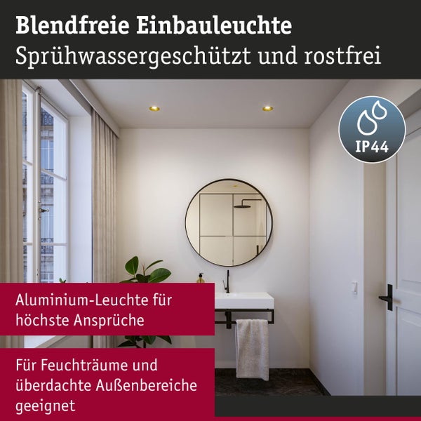 Modernes Badezimmer mit runden Spiegel und zwei Einbauleuchten; Schutzart IP44