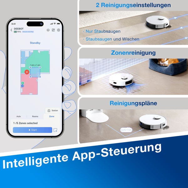 Intelligente App-Steuerung für Saugroboter mit verschiedenen Reinigungsmodi und Zeitplänen.