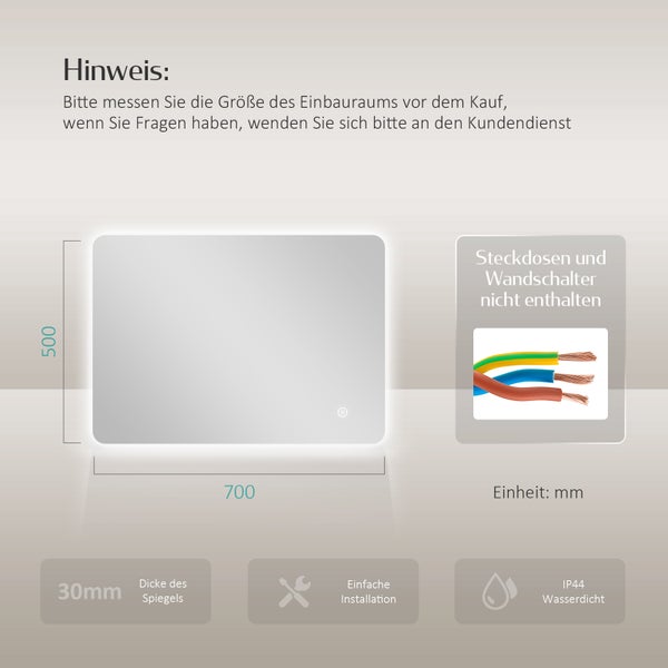 EMKE Badspiegel mit Beleuchtung, LED-Spiegel mit Touchschalter, Anti-Beschlag, 70 x 50 cm, Kaltweiß