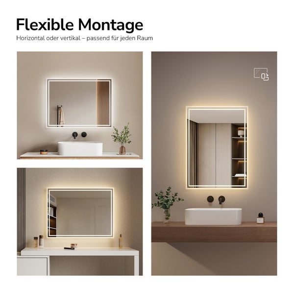 LED Badezimmerspiegel mit rechteckiger Form zur horizontalen oder vertikalen Montage an der Wand über einem Waschbecken.