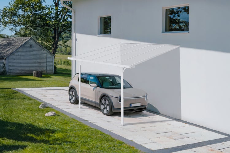 Terrassenüberdachung garten alu Weiß KLEO - Höhe verstellbar 313x300x225/270 cm - mit Polycarbonat Dach Weiß halbtransparent 6mm Auch Pergola/Carport
