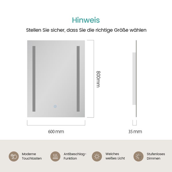 EMKE Badspiegel mit Beleuchtung 80x60 cm, 45W LED-Wandspiegel, kaltweißes Licht, Touch-Schalter, Antibeschlag, Memory-Funktion, 5 mm rostfreier Spiegel mit mattiertem Rand, IP44, für Bad