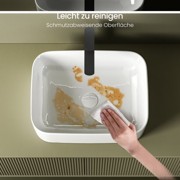 Aufnahme eines Aufsatzwaschbeckens mit schmutzabweisender Oberfläche, das leicht zu reinigen ist.