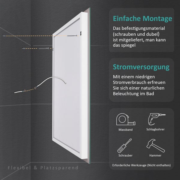 EMKE Badspiegel mit Beleuchtung 70x50 cm, Kaltweiß, Wandanschluss, IP44, integrierter LED Spiegel, HD-Spiegelfläche, horizontal & vertikal montierbar, für Bad