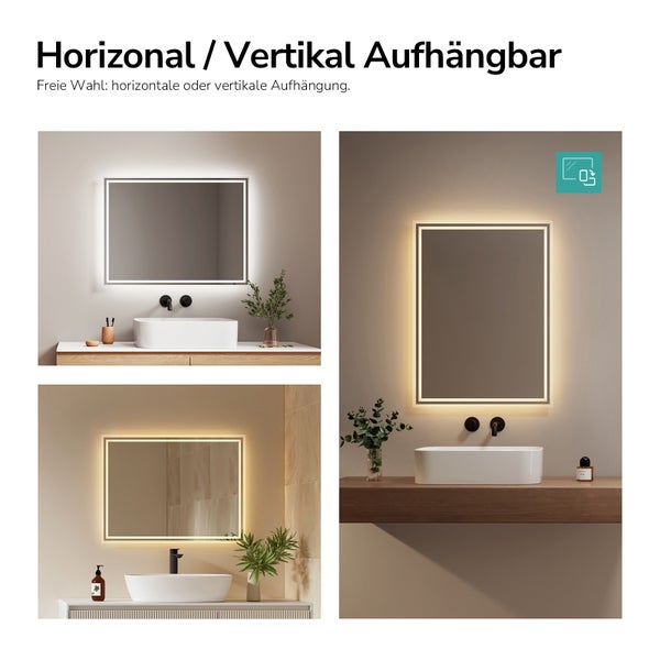 Beleuchteter Badezimmerspiegel, horizontal und vertikal montierbar, über einem Waschbecken in einer modernen Badezimmerumgebung.