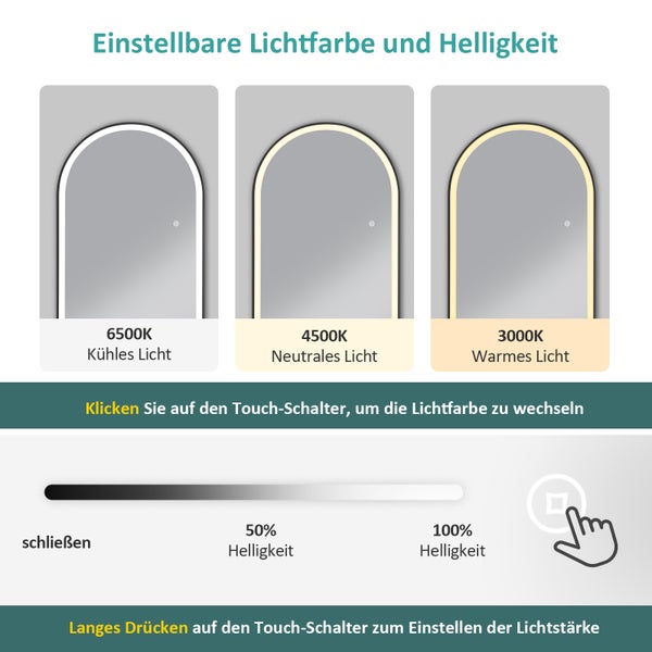 EMKE Bogen Standspiegel Schwarz, 147 × 45 cm, LED-Ganzkörperspiegel mit 3 Lichtfarben, dimmbar, Aluminiumrahmen – ideal für Wohn-, Schlaf- und Ankleidezimmer