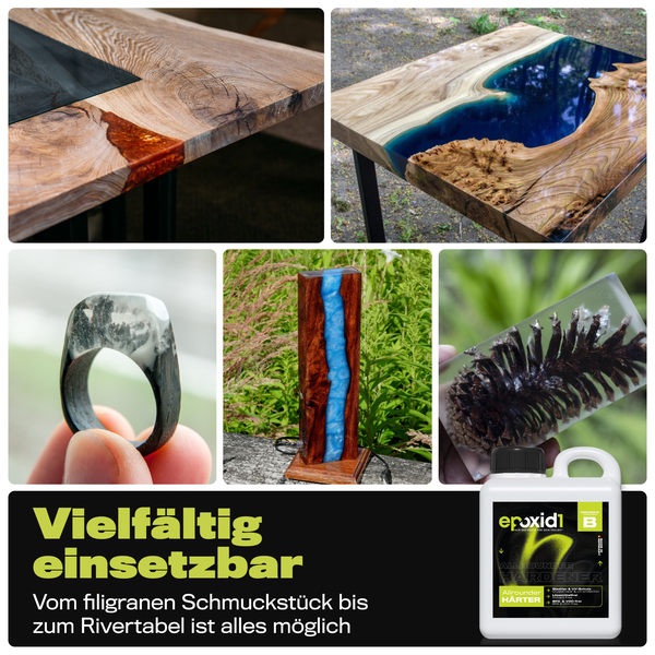Produktbeispiele für Epoxidharzanwendungen: Tischplatten, Schmuck, Dekorationen und Epoxidharz-Komponente B