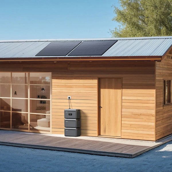 Holzgartenhaus mit zwei Photovoltaik-Modulen auf dem Welldach und einer dreiteiligen Akku-Speichereinheit an der Außenwand.