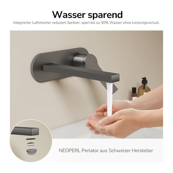 Wandarmatur mit Wasserhahn in einem Badezimmer mit laufendem Wasser, wassersparend.