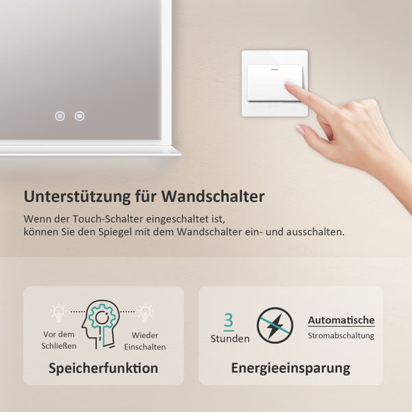 EMKE LED Badspiegel mit Ablage 70x50 cm, Kaltweiß, dimmbar, Touch-Schalter, Anti-Beschlag, mattierte Kanten, IP44, für Badezimmer geeignet