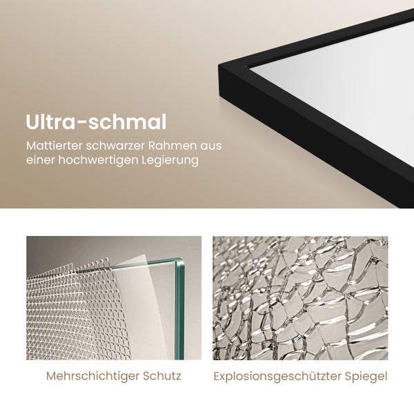 Detailaufnahme eines Spiegels mit schmalem, mattiertem, schwarzen Rahmen aus einer hochwertigen Legierung, mit mehrschichtigem Schutz und explosionsgeschütztem Spiegel