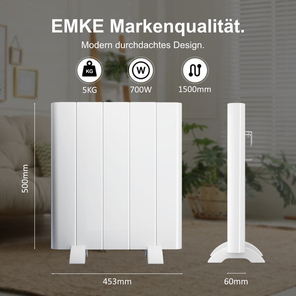 EMKE Elektro-Heizkörper 700W Weiß Flachheizkörper Aluminium Stehend/wandmontierbar, Wifi-Steuerung LCD-Display Timing-Funktion Elektroheizung