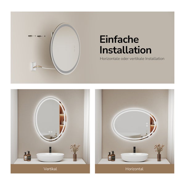 Bild zeigt einen beleuchteten Badezimmerspiegel mit ovaler Form, der horizontal und vertikal montiert werden kann.