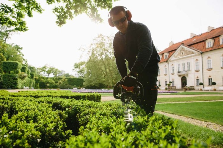 Mann schneidet Hecke mit Heckenschere in Gartenanlage