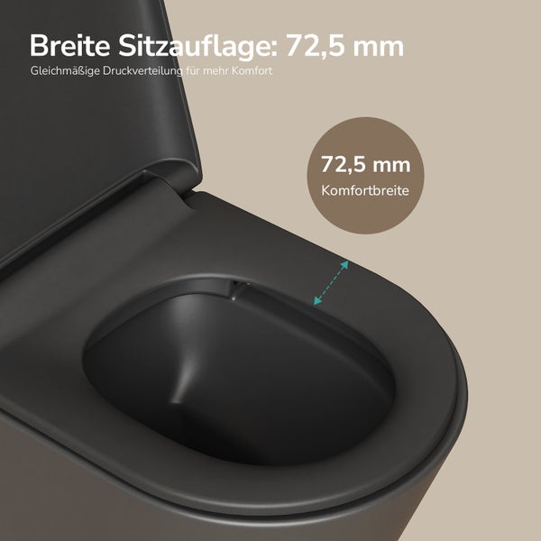Toilettensitz mit einer breiten Sitzauflage von 72,5 Millimetern für eine gleichmäßige Druckverteilung und mehr Komfort.