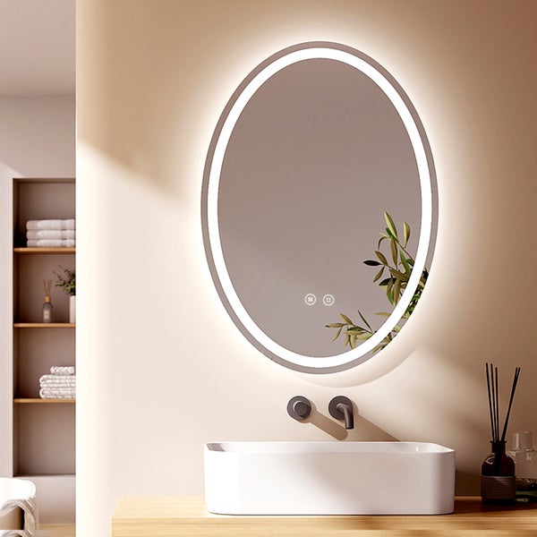 EMKE LED Badspiegel 50x70 cm, Touch-Schalter, 3 Farbtemperaturen einstellbar, Anti-Beschlag, flexible Montage, IP44, ovaler Spiegel, für Badezimmer