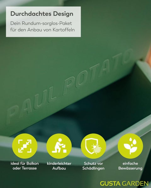 Paul Potato Kartoffelturm von Gusta Garden. Ideal für Balkon, einfacher Aufbau, Schutz vor Schädlingen und einfache Bewässerung. Gusta Garden Logo.