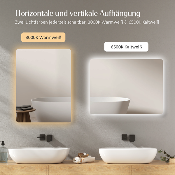 EMKE Badspiegel mit Beleuchtung 60 x 40 cm, Warmweiß/Kaltweiß, beschlagfrei, LED-Rückbeleuchtung, Kippschalter, IP44, für Bad