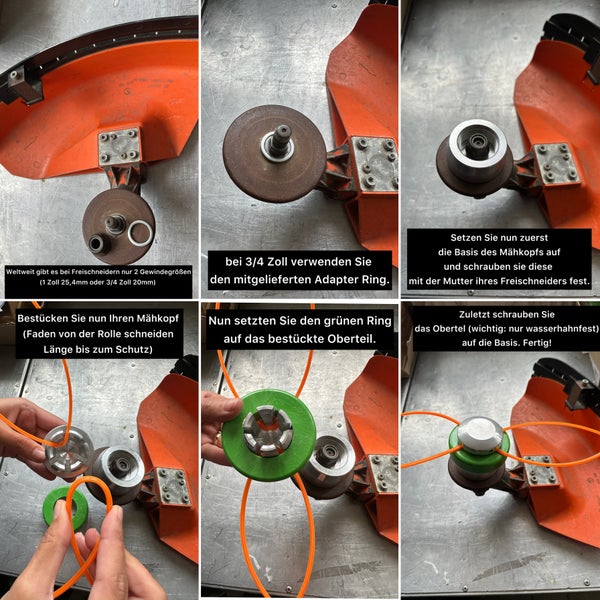 Demonstration der Montage eines Trimmerkopfes an einem Rasentrimmer