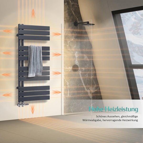 EMKE Badheizkörper Flach 1320x500 mm Schwarz Handtuchwärmer Handtuchtrockner, Panel Handtuchhalter Seitenanschluss für Bad Warmwasser 661W