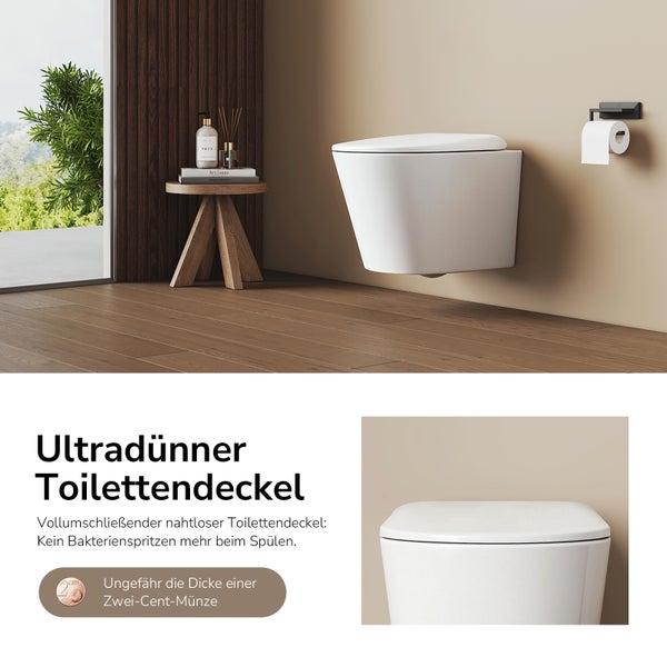 Modernes Badezimmer mit wandhängendem WC, kleinem Holztisch und Blick ins Grüne
