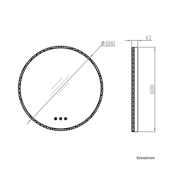 Technische Zeichnung eines runden Spiegels mit den Maßen 600 Millimeter Durchmesser und 43 Millimeter Tiefe