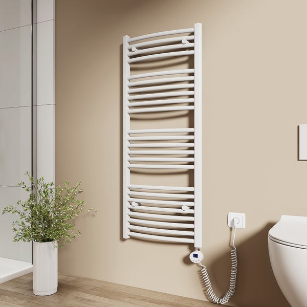 EMKE Elektrischer Badheizkörper 120x50 cm, Gebogener Handtuchwärmer mit Heizstab, Thermostat & Timer, 500W, Weiß, für Badezimmer geeignet