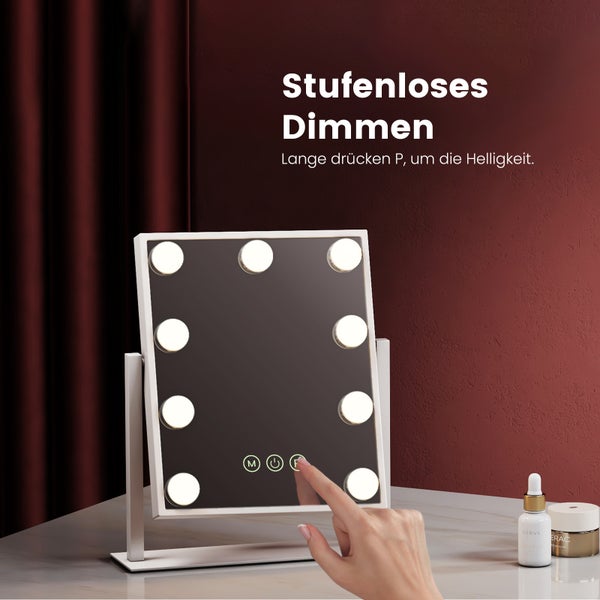 EMKE Hollywood Schminkspiegel mit Beleuchtung, 360° drehbar, 9 dimmbare LED-Lampen, 3 Lichtfarben, Touch-Schalter mit Speicherfunktion, 7x Vergrößerung, Weiß, 360×305×85 mm