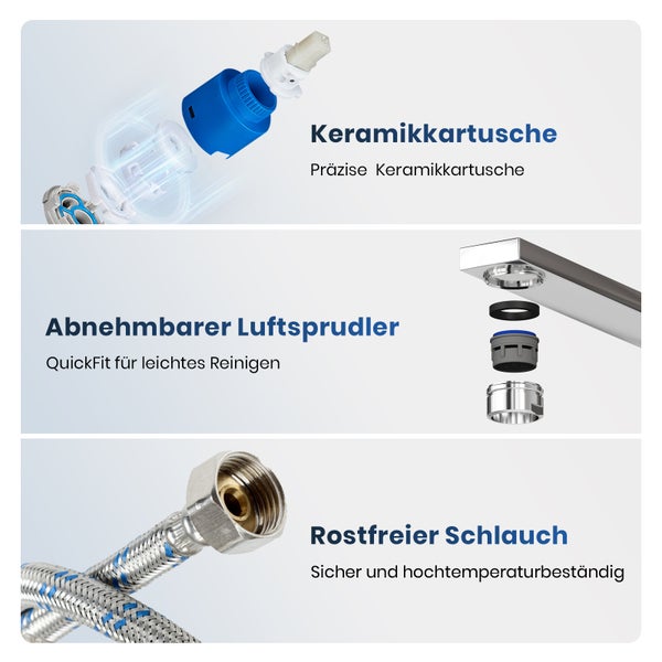 Produktbild mit Keramikkartusche, abnehmbarem Luftsprudler und rostfreiem Schlauch