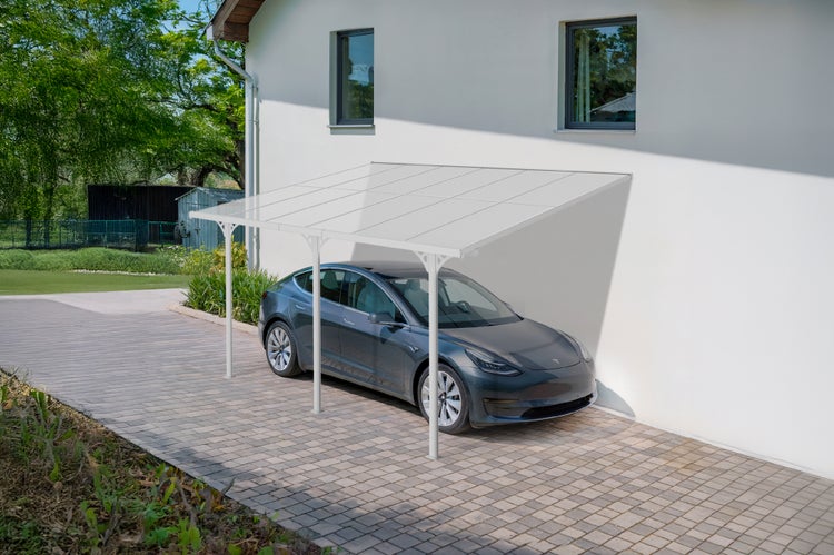 Terrassenüberdachung garten alu Weiß KLEO - Höhe verstellbar 374x300x225/270 cm - mit Polycarbonat Dach Weiß halbtransparent 6mm Auch Pergola/Carport
