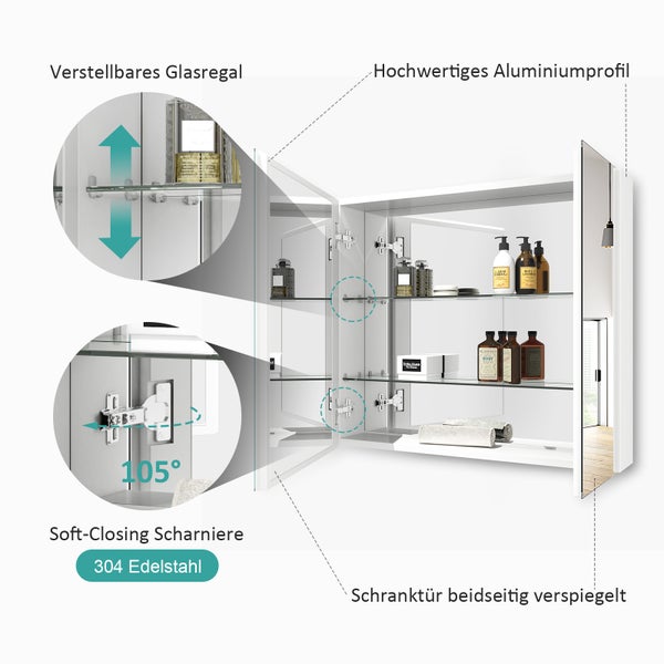 EMKE Spiegelschrank, 2-Türig,  75x65 cm, Badschrank mit doppelseitigen Spiegeltüren, weiß