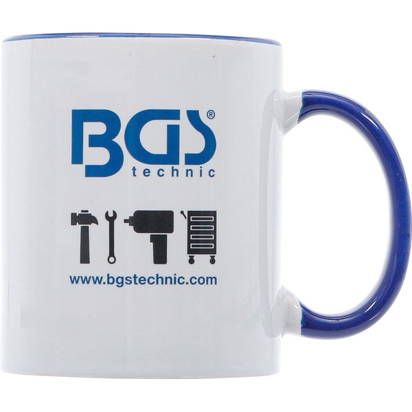Keramiktasse mit BGS Technic Logo und Werkzeugmotiven
