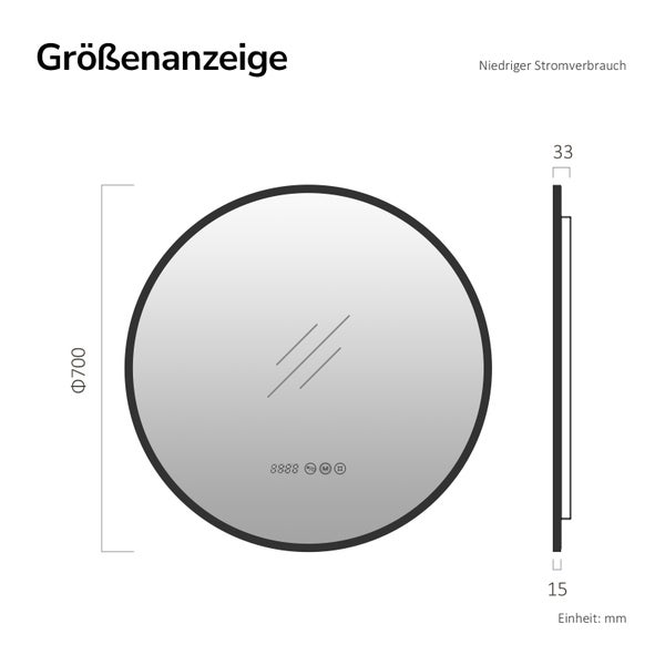 Maßzeichnung eines runden Badezimmerspiegels mit LED Beleuchtung, 700 Millimeter Durchmesser und 33 Millimeter Tiefe, inklusive Uhrzeitanzeige.