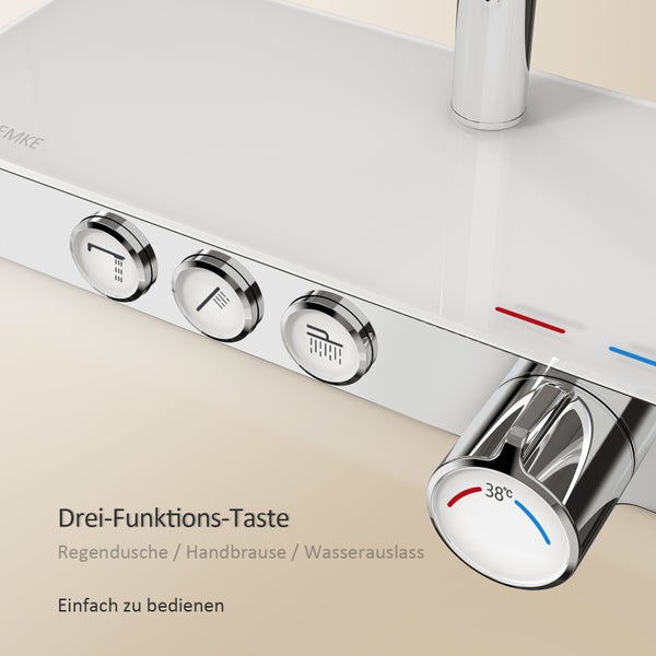 EMKE Duschsystem mit Thermostat Glasablage Handbrause 3 Strahlarten Regendusche, Wasserauslass Verbrühungsschutz Wandmontage KTW-Zertifizierung, Chrom
