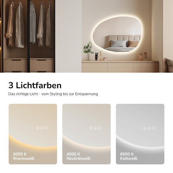 LED Badezimmerspiegel mit organischer Form, Hintergrundbeleuchtung und drei wählbaren Lichtfarben von Warmweiss bis Kaltweiss.