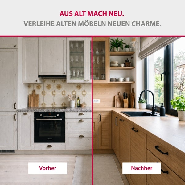 Vorher-Nachher-Vergleich einer Küchenrenovierung: links eine alte weiße Küche, rechts eine modernisierte Küche in Holzoptik mit schwarzer Spüle.