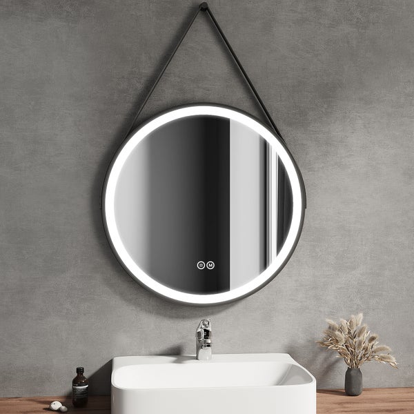 Runder Badezimmerspiegel mit LED-Beleuchtung, schwarzem Rahmen, Aufhängeband und Touch-Sensor über einem weißen Waschbecken.
