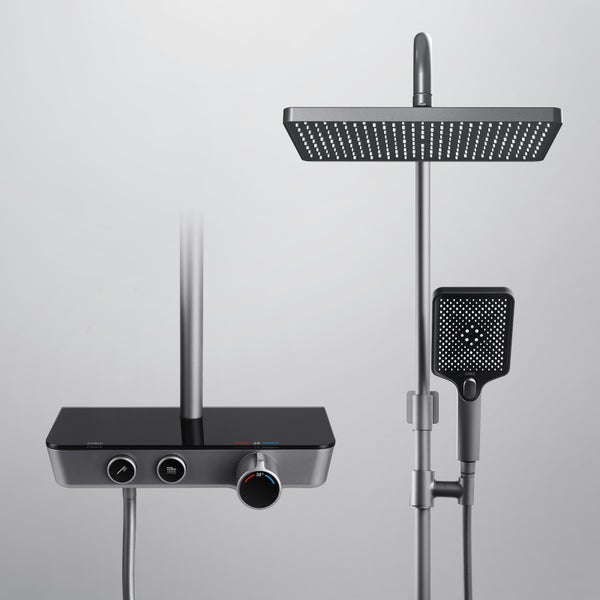 EMKE Duschsystem mit Thermostat, Handbrause mit 3 Strahlstärken, Wasserfall-Auslauf, Duschsäuleset Duschgarnitur mit glasablage, KTW Zertifizieren, Anthrazit Matt