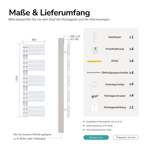 Maßzeichnung und Lieferumfang für Badheizkörper mit Montageteilen wie Wandhalterungen, Dübeln, Schrauben und Unterlegscheiben.