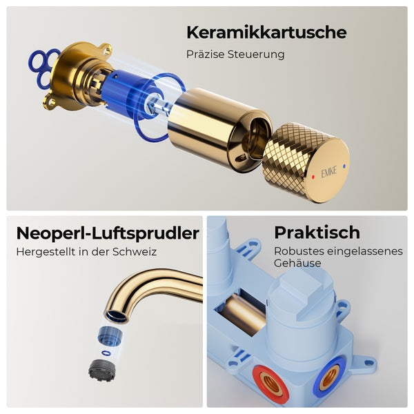 Produktabbildung einer Armatur mit Keramikkartusche, Neoperl-Luftsprudler und robustem Gehäuse
