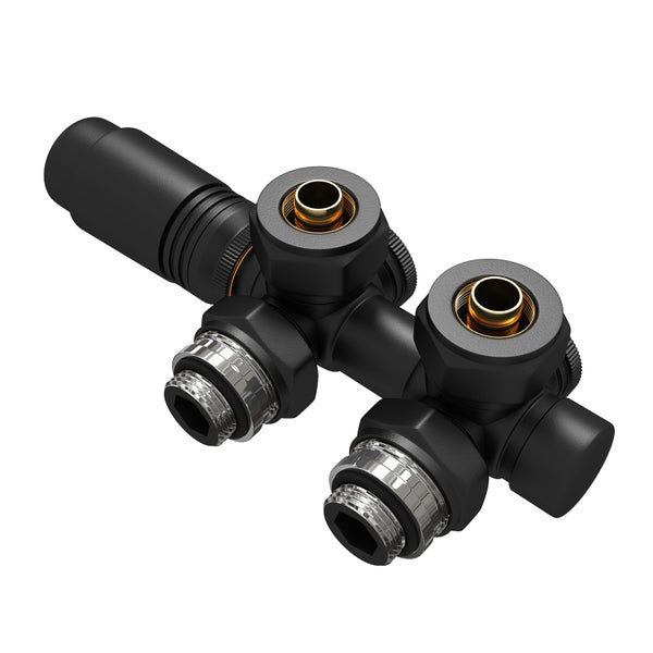 EMKE Heizkörperthermostat Multiblock-Set – Anschlussarmatur mit Thermostat für Heizkörper und Handtuchtrockner, Heizungszubehör in Eck- und Durchgangsform φ16xG1/2 und φ15xG1/2, Schwarz