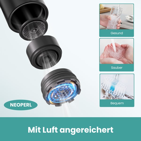EMKE Badezimmerarmatur, Waschtischmischer, Haushaltswasserhahn, Waschtischarmatur für Aufsatzwaschbecken，Ø18mm, wassersparend, kalkabweisend, Mischbatterie für warmes und kaltes Wasser, Schwarz