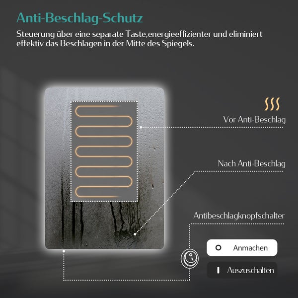 EMKE Badspiegel mit Beleuchtung 60 x 50 cm, Warmweiß/Kaltweiß, beschlagfrei, LED-Rückbeleuchtung, Kippschalter, IP44, für Bad
