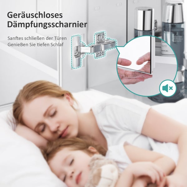 EMKE Spiegelschrank 85L x 65H x 14,5T cm, Badezimmerschrank Weiß, 2-türig mit 3 mm kupferfreiem & rostfreiem Spiegelglas, 3 Ablagen, 105° Türöffnung, 304 Dämpfscharniere, großer Stauraum
