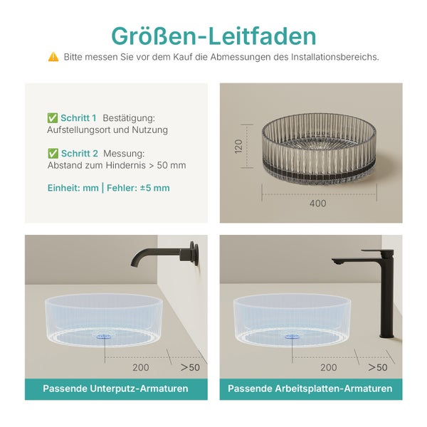 Größenleitfaden für ein Waschbecken mit den Maßen Höhe 120 mm und Durchmesser 400 mm sowie Installationshinweisen