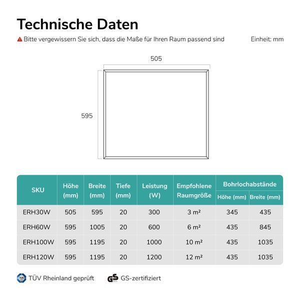 Technische Daten und Maßtabelle für Infrarotheizung inklusive TÜV Rheinland und GS Zertifizierung