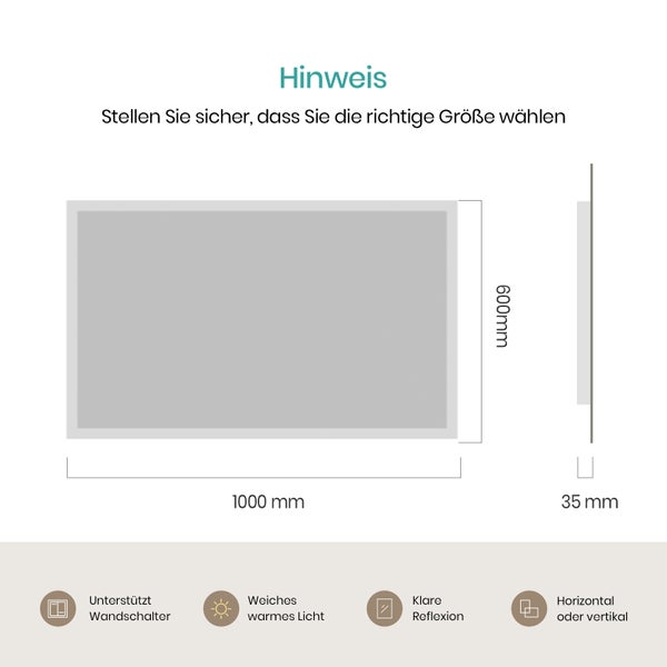 EMKE Badspiegel mit Beleuchtung 100x60 cm, Warmweiß, 28 W, rostfreier Spiegel, Aluminiumrahmen Weiß, flexibel montierbar, IP44, für Bad