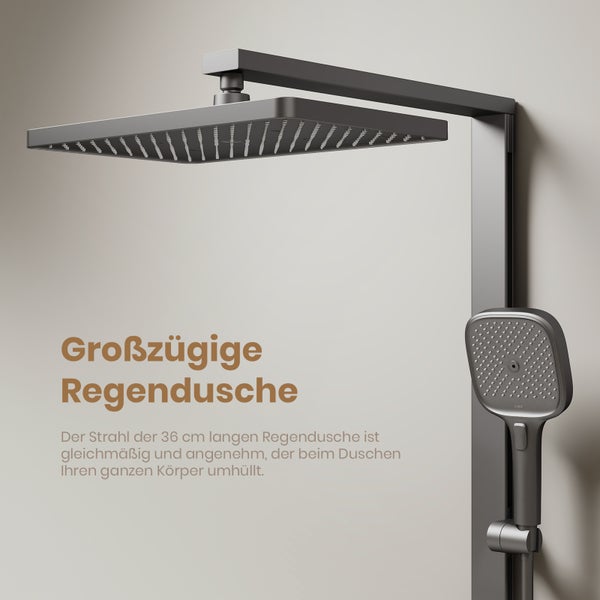 EMKE Duschsäule mit Thermostat, matt Anthrazit, 4-fach Wasserauslass, Handbrause mit 3 Strahlarten, digitales Display, Vorablauffunktion & Filter – multifunktionales Duschsystem